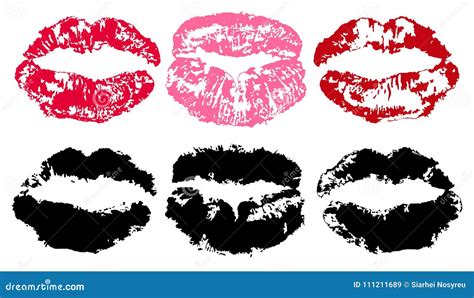 Imprint Of Lipstick Lips Trace Isolated On White Background Vector Silhouette Kiss Set Stock