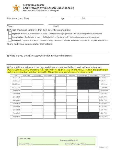 Private And Semi Private Swim Lessons Vcu Rec Sports Form Fill Out