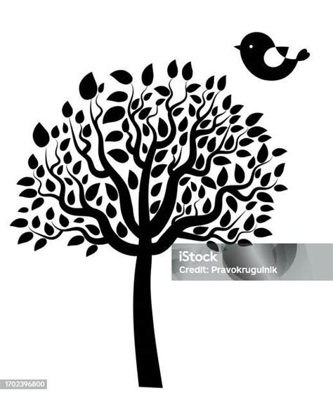 Silhouette Darbre Noir Vectoriel Avec Des Feuilles Et Un Oiseau Pour