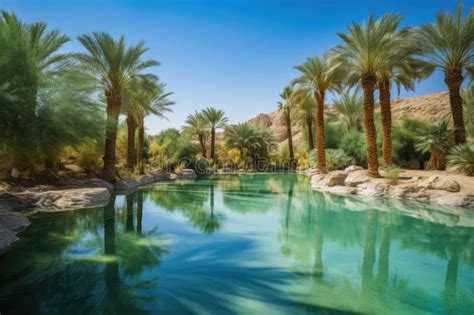 Oasis With Palm Trees And Crystal Clear Water Surrounded By Desert