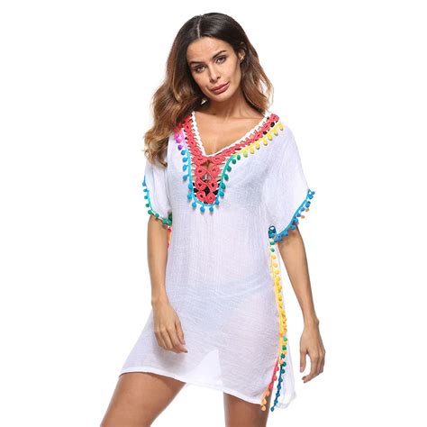 Boho New Fashion Women Beach Cover Ups V Neck Short Sleeve Patchwork