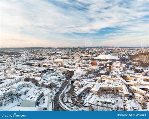 Beautiful Vilnius City Panorama In Winter With Snow Covered Houses