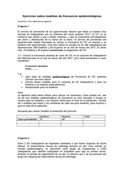 Deber Sobre Medidas De Frecuencia Epidemiol Gicas Ejercicios Sobre