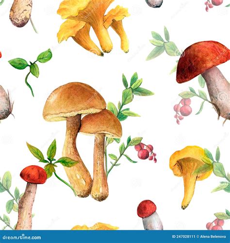 Seamless Pattern Of Edible Yellow Mushrooms On A Blue Background With