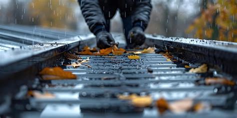 Clearing Debris From Clogged Roof Gutter Drain During Rainy Weather