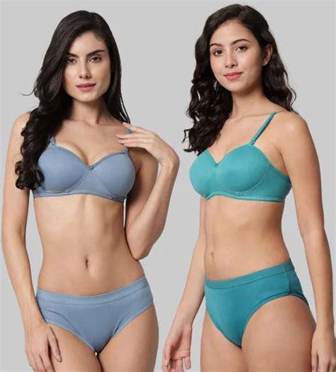 Buy PIBU Women Cotton Bra Panty Set For Lingerie Set Pack Of 2 Color Blue Green Online