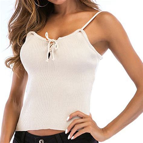 2021 Wholesale Spaghetti Strap Lace Up Camis Camisole Cropped Top Women Summer Sexy Knitted Low