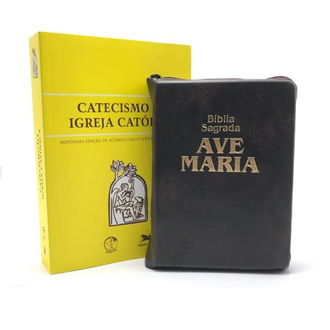 Kit Catecismo Igreja Católica Grande e Bíblia Ave Maria Zíper Média