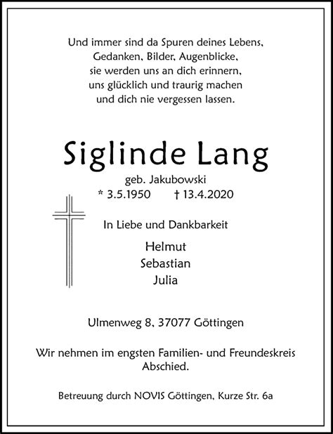 Traueranzeigen Von Siglinde Lang Trauer Anzeigen De