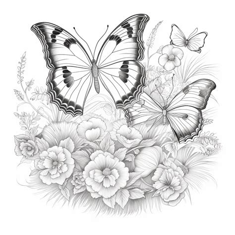 Premium Photo | A drawing of a butterfly and flowers with butterflies flying around generative ai