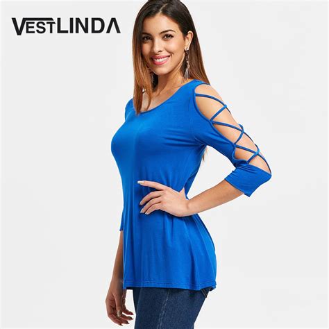 Vestlinda Criss Cross Sleeve Scoop Neck T Shirt Casual Three Quarter