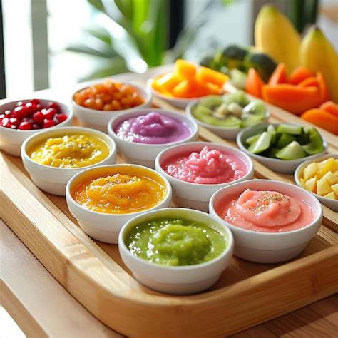 Premium Photo A Tray Of Different Colored Dips On A Table With