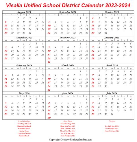 Visalia Unified School District Calendar Holidays 2023-24 School ...