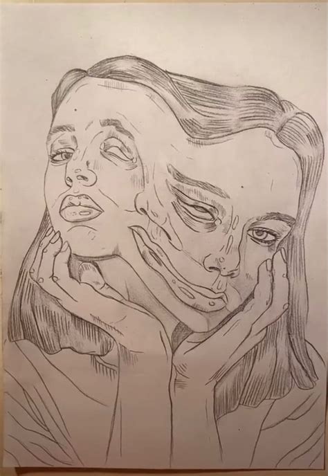 A Drawing Of Two Women With Their Faces Covered By Hands One Woman Is