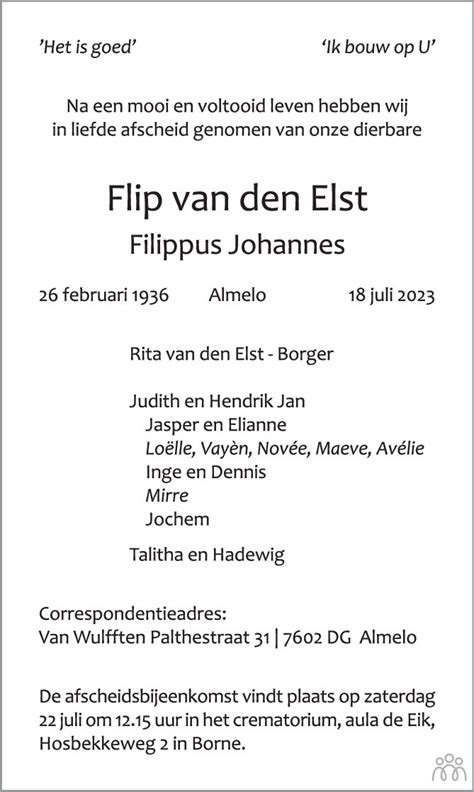 Flip Filippus Johannes Van Den Elst 18 07 2023 Overlijdensbericht En