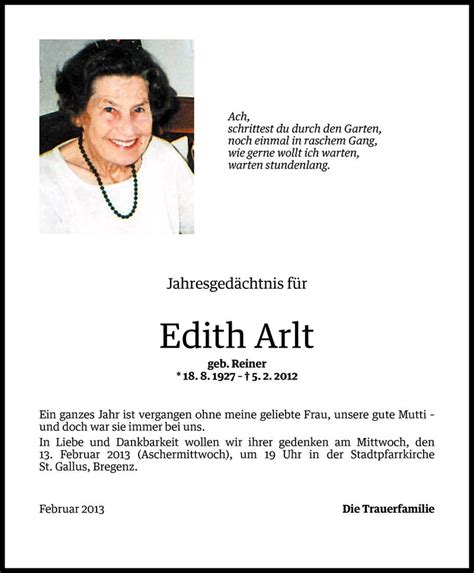 Todesanzeigen Von Edith Arlt Todesanzeigen Vorarlberger Nachrichten