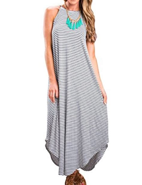 Halife Womens Summer Casual Stripe Sleeveless Loose Beach Maxi Dress