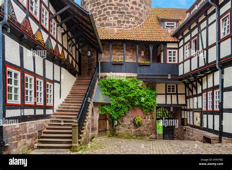 View of the cobblestoned castle courtyard from inside the Ludwigstein ...