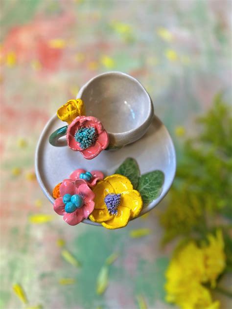 Handmade Yellow Flower Design Ceramic Turkish Coffee Set Pitane Tasarım