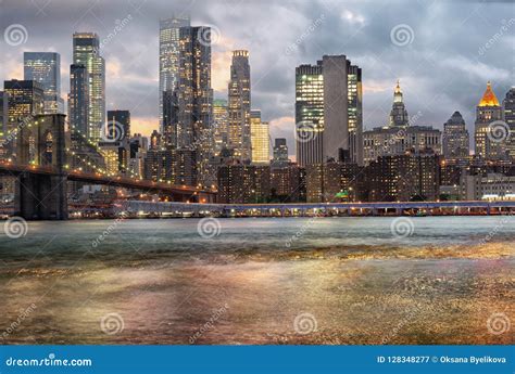 Sunset Over Manhattan With Brooklyn Bridge Cityscape Of New York Stock