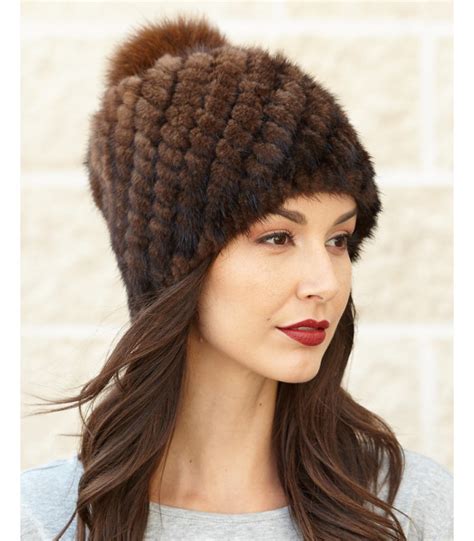 Ciara Knit Mink Beanie Hat With Fox Pom Pom In Brown Furhatworld