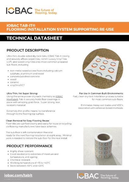 IOBAC Tab It Adhesive Free Flooring Installation Datasheet IOBAC