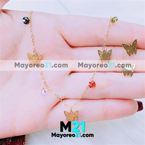 Set De Collar Y Aretes Min Mariposas Golden Y Swarovski De Colores