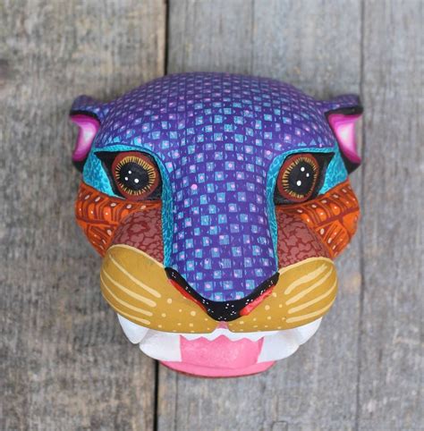 Alebrijes Hand Carved And Painted Jaguar Mask Head Wood Oaxaca Mexican