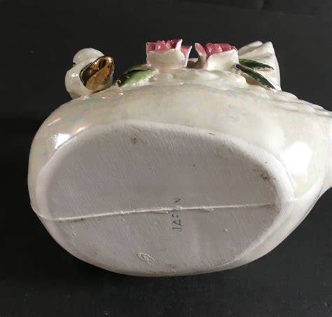 Vintage White Pearl Lusterware Decorative Swan Planter Vase Etsy