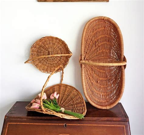 Vintage Flower Gathering Wicker Baskets Shallow Woven Etsy Canada