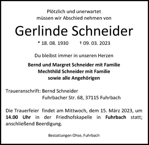 Traueranzeigen Von Gerlinde Schneider Trauer Anzeigen De