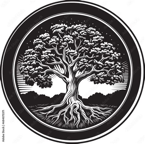 Black and white vector logo illustration of an oak tree, encapsulating life's symbolism. Stock ...