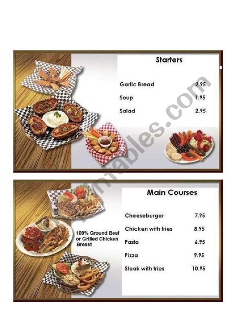 Restaurant Menu Worksheet