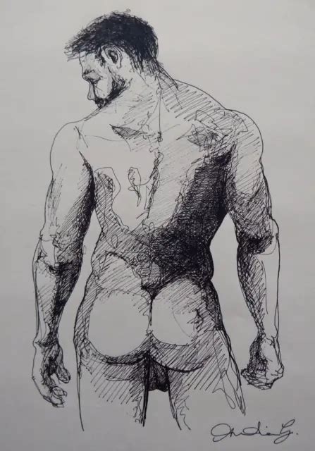 Original Black Ink Drawing Of A Male Nude In A Standing Pose Back View