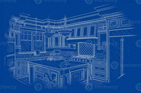 White Custom Kitchen Design Drawing On Blue Stock Photo At