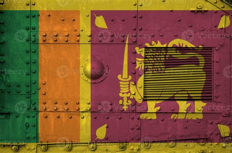 Sri Lanka flag depicted on side part of military armored tank closeup ...