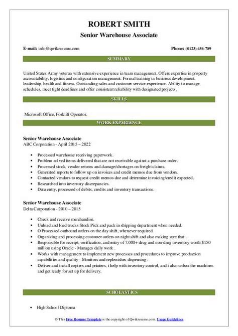 Senior Warehouse Associate Resume Samples QwikResume