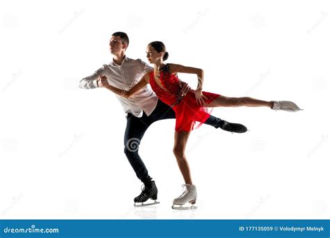 Duo Figure Skating Isolated On White Studio Backgound With Copyspace