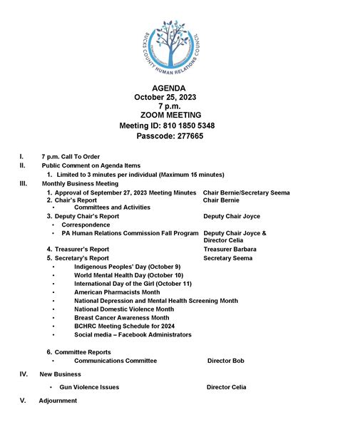 10/25/2023 – Meeting Agenda – Bucks County Human Relations Council