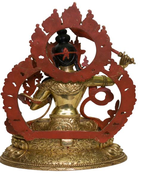 Buddhist Handmade Statue Of Manjushree Full Fire Gold Plated Face