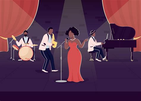 Concierto de banda de jazz en vivo ilustración de vector de color plano