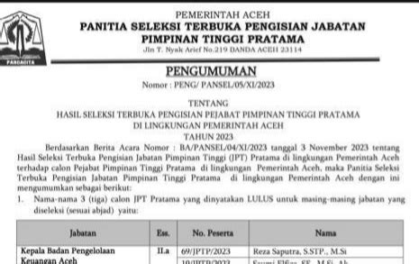 Pansel Umumkan Nama Nama Tiga Besar Calon Pejabat Eselon Ii Di Skpa