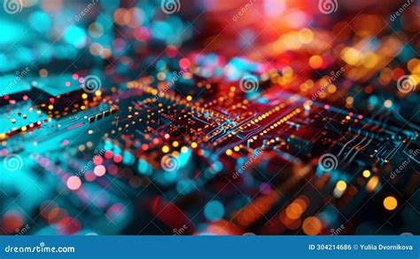 Technology Digital Binary Data On Microchip With Glow Circuit Board