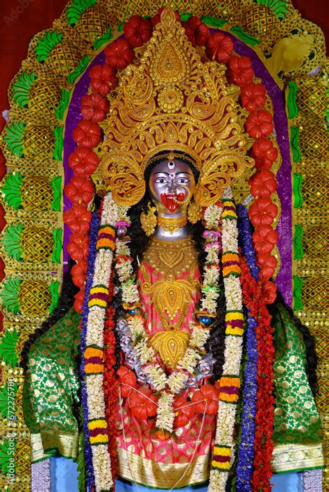 Idol Of Goddess Maa Kali At A Decorated Puja Pandal In West Bengal