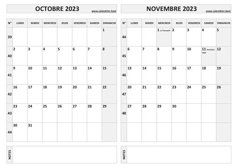 Calendrier octobre et novembre 2023 à imprimer Calendrier best