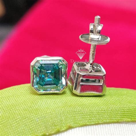 4TCW Green Asscher Cut Moissanite Earring Stud Screw Back Etsy