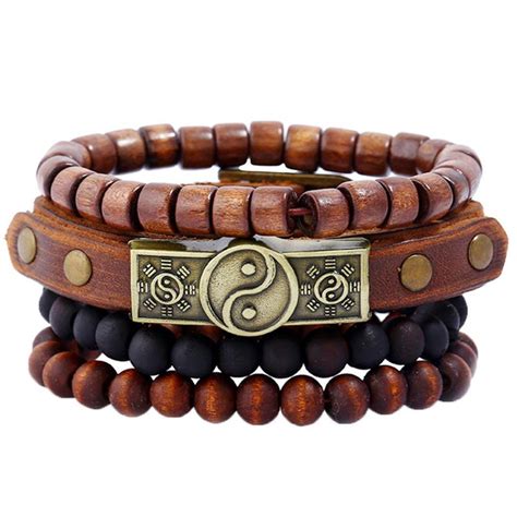 Cheap 4pcsset Vintage Men Wood Bead Faux Leather Bracelet Adjustable