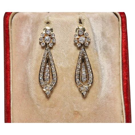 Vintage Circa 1980s 18k Gold Natural Diamond Decorated Drop Earring For Sale At 1stdibs