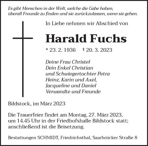 Traueranzeigen Von Harald Fuchs Saarbruecker Zeitung Trauer De