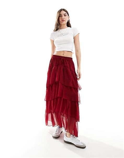 Miss Selfridge Chiffon Tiered Maxi Skirt In Red Asos